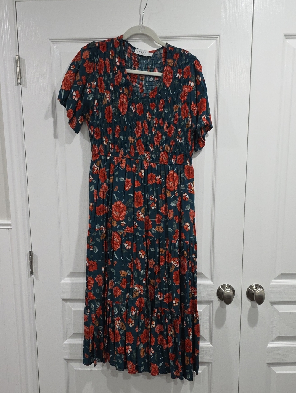 Teal Midi Dress with Red Floral Print